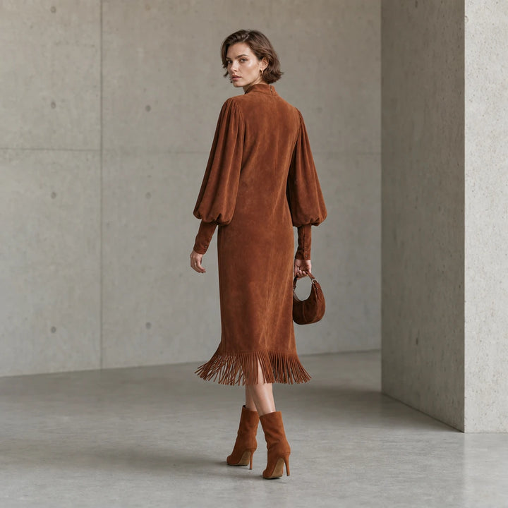 Suede Serenade – Faux Suede-Look Lantern Sleeve Fringe Midi Dress