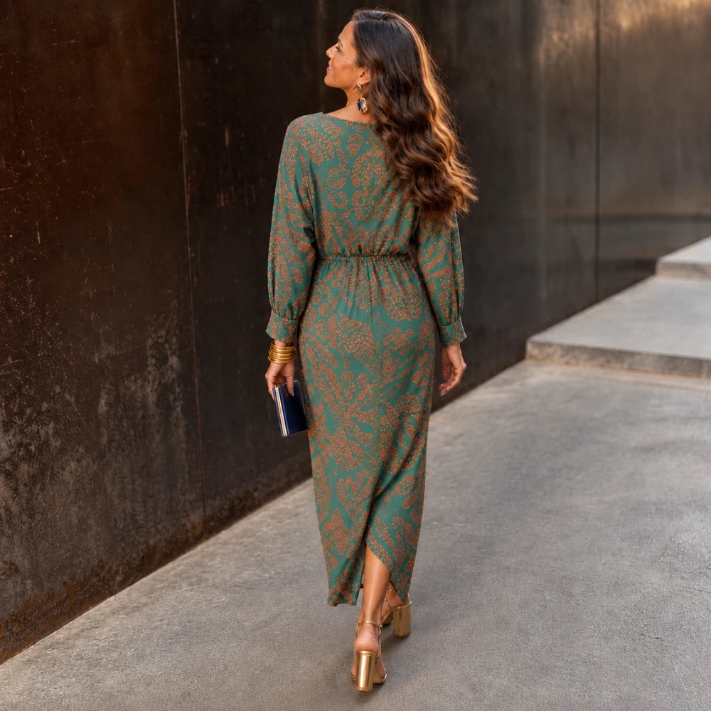 Isabella – V-Neck Fitted-Waist Printed Midi Dress