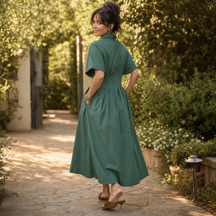 Solmara – Pleated Waist Button-Front Maxi Shirt Dress