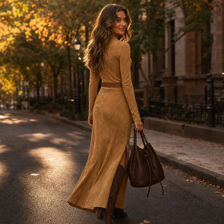 Suedelle – Belted Fishtail Maxi Dress