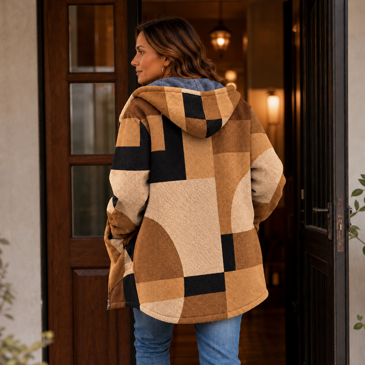 Patchwork & Poise – Geometric Color-Block Hooded Jacket