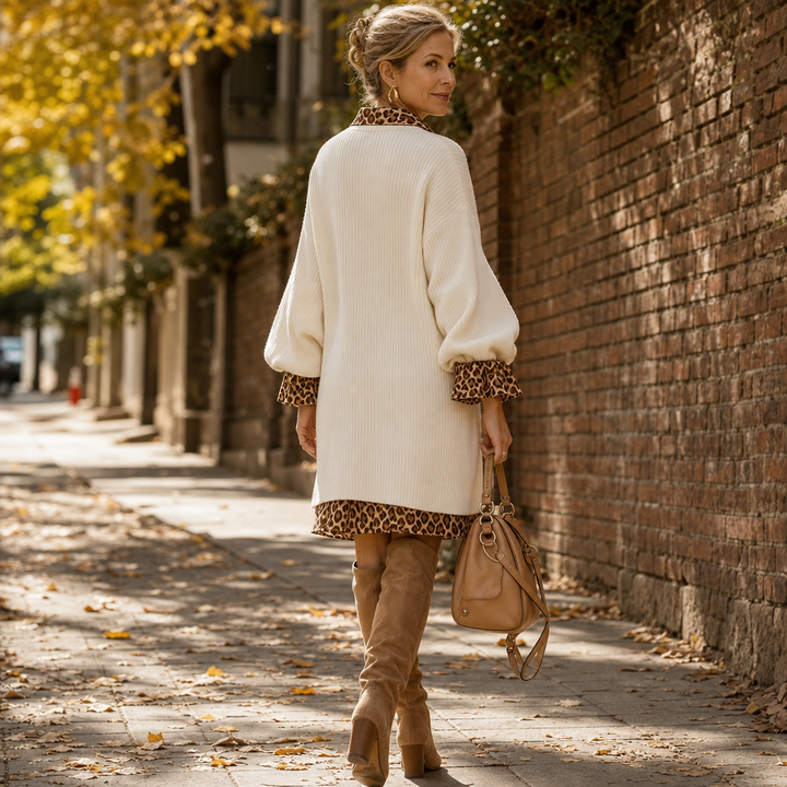 Leopardia – Leopard-Trim Knit Long Sleeve Mini Dress