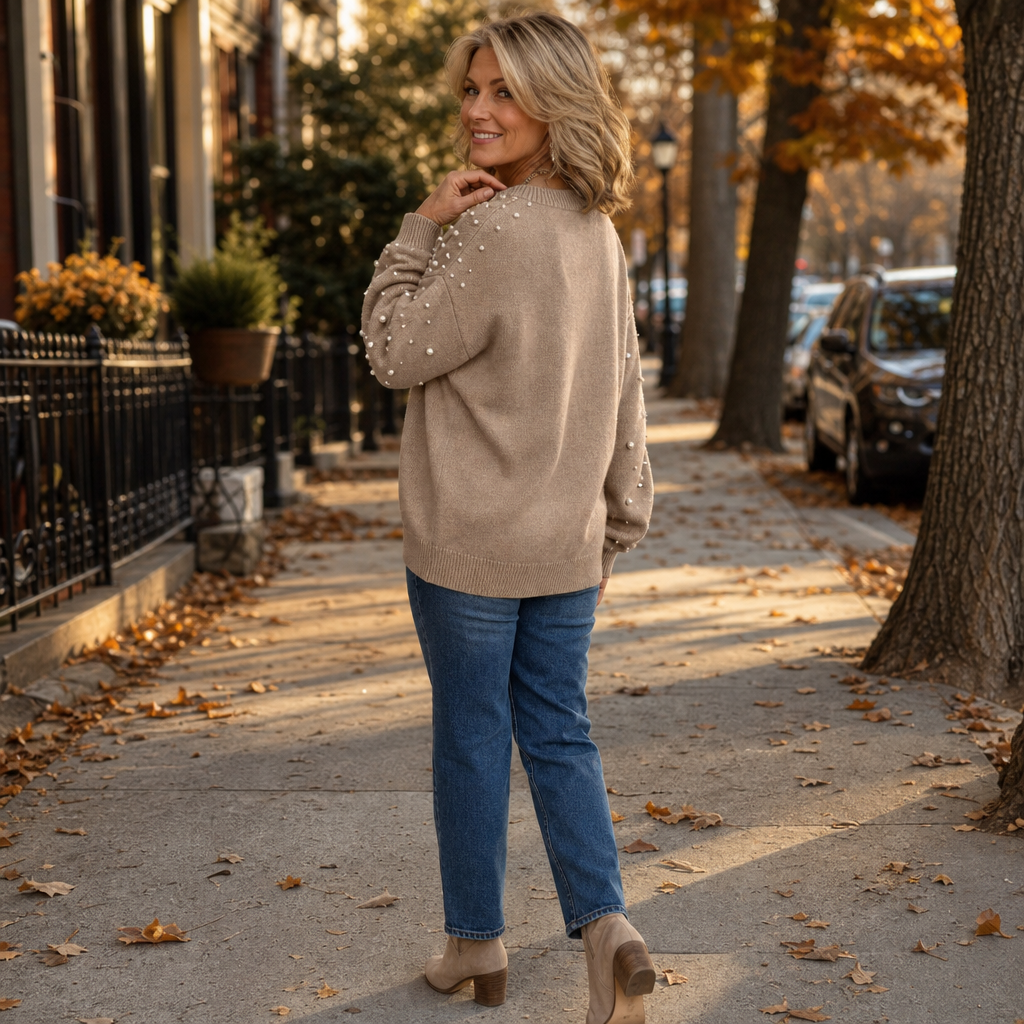 Pearla – Faux Pearl Sleeve Crew-Neck Sweater