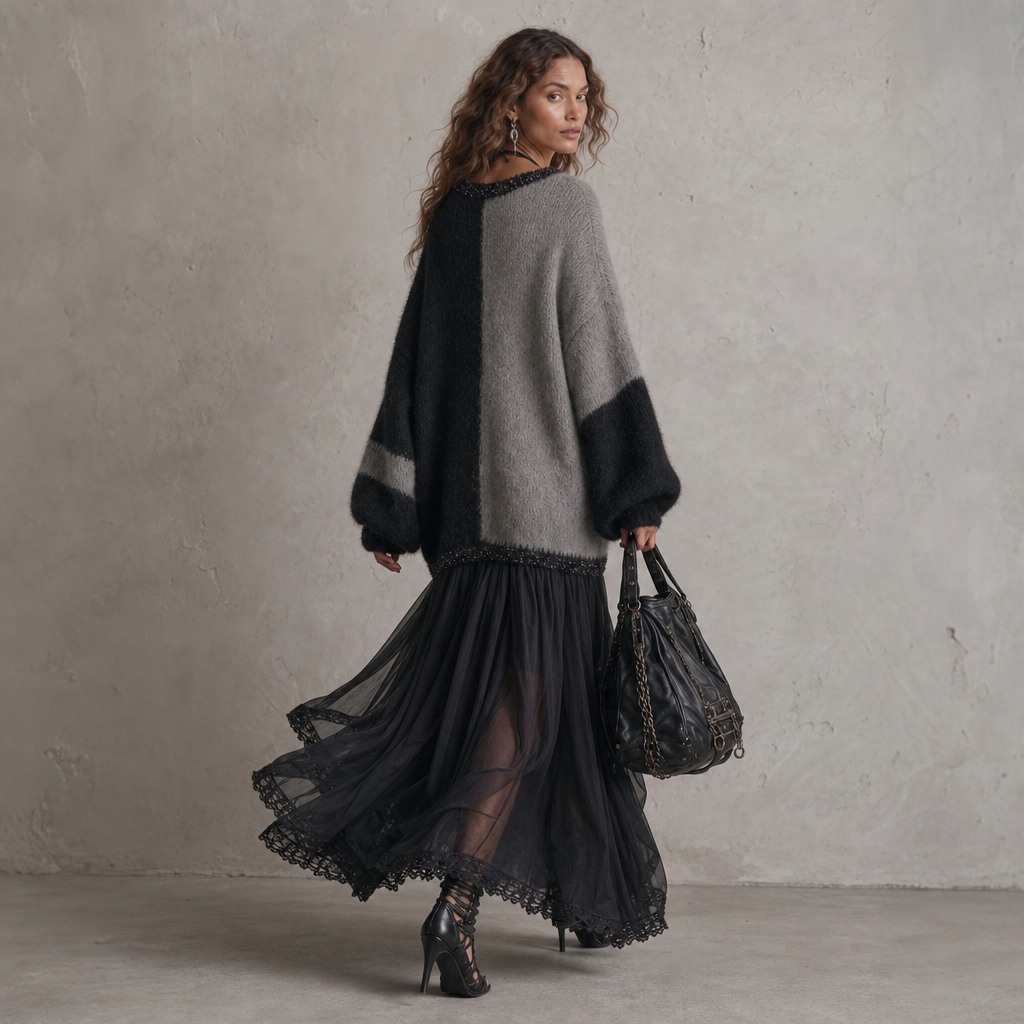 Vellora – Color-Block Knit Bodice Mesh Skirt Dress