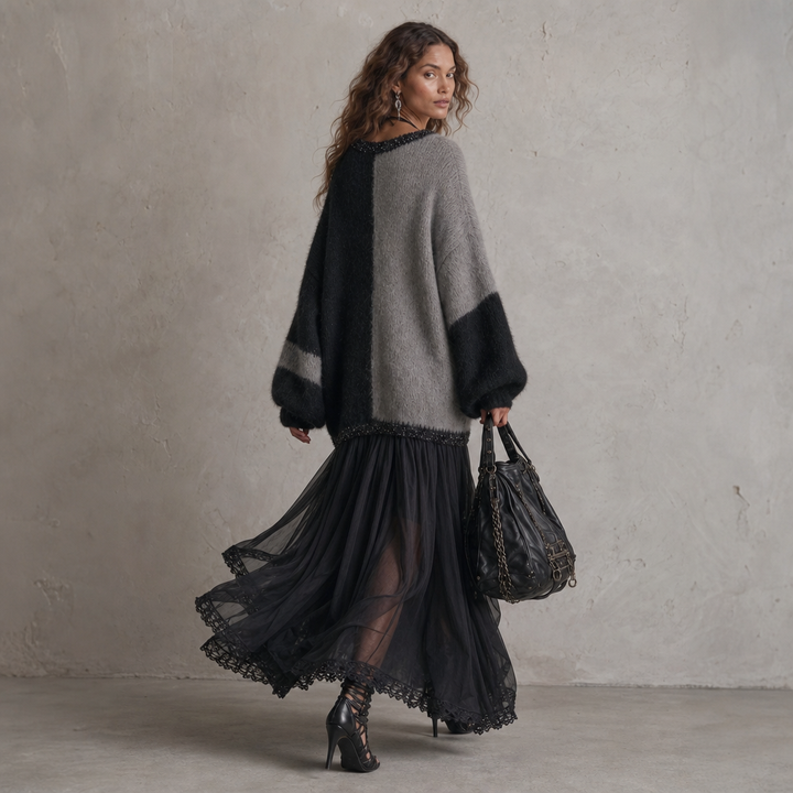 Vellora – Color-Block Knit Bodice Mesh Skirt Dress