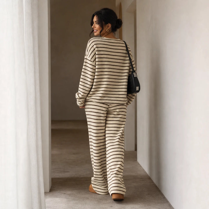 Stripe & Ease – Striped Long-Sleeve Top And Wide-Leg Pants Set