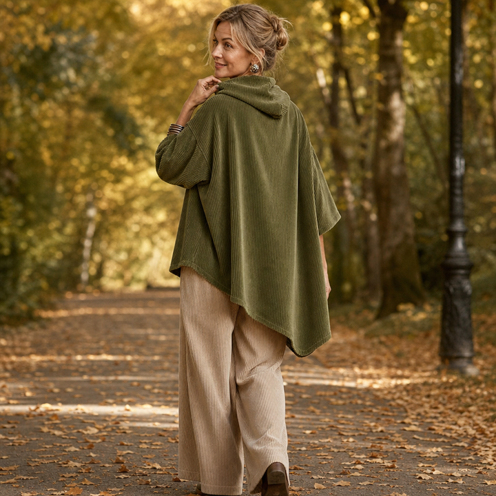 Draperly – Asymmetric Hem Hooded Corduroy Poncho