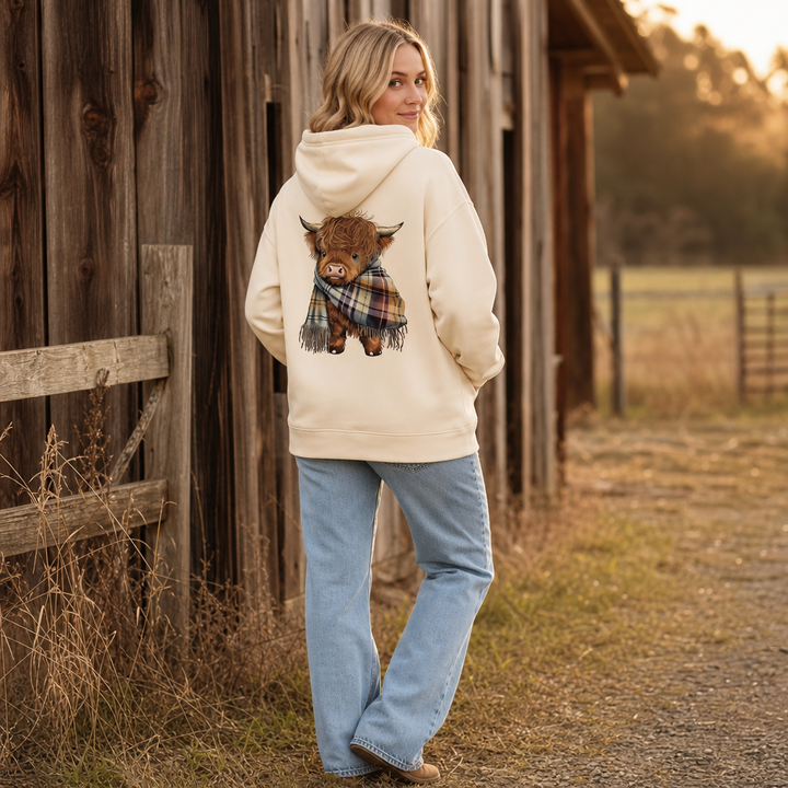 Highland Hearth – Fleece-Lined Highland Cow Graphic Hoodie