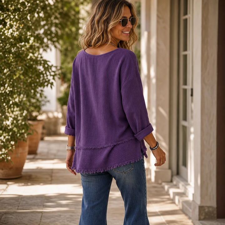Marlowe – Crinkle-Textured Frayed-Trim Tunic Top
