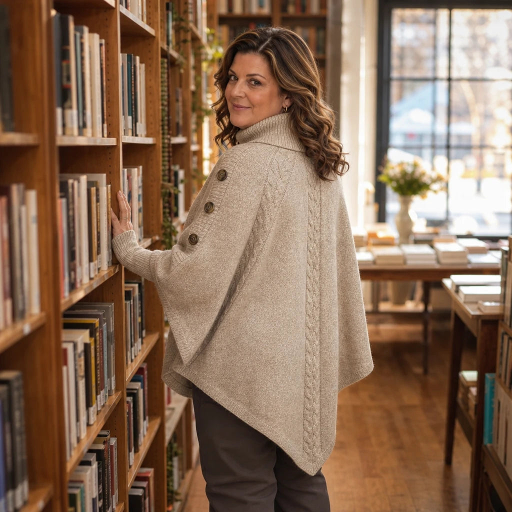 Cabelune – High-Neck Cable-Knit Cape Poncho Sweater