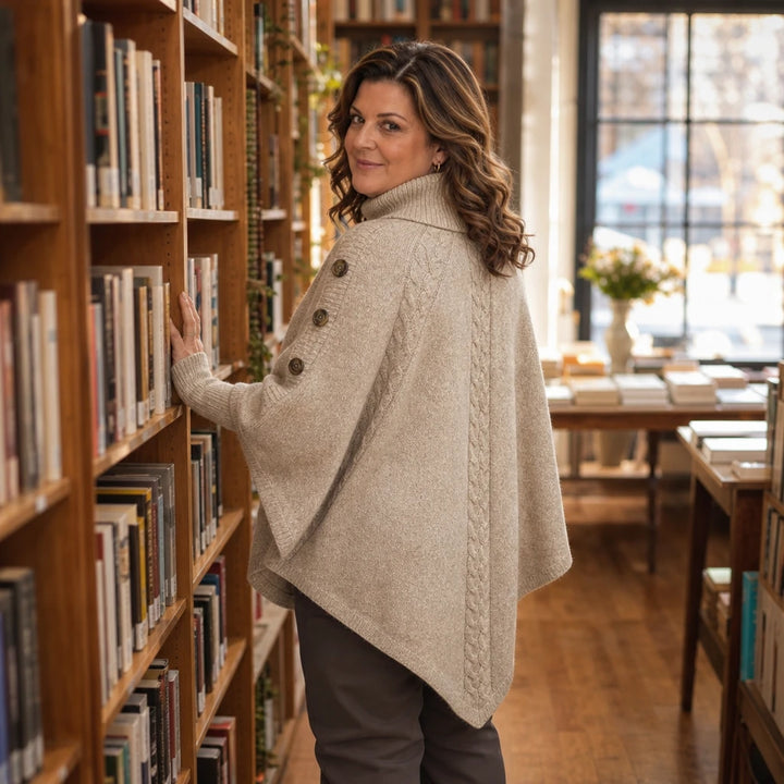 Cabelune – High-Neck Cable-Knit Cape Poncho Sweater