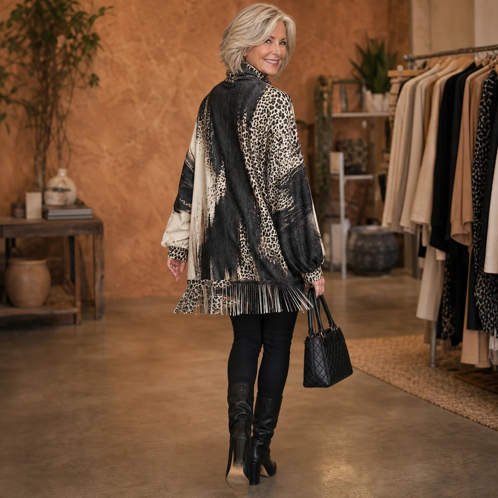 Leopard Swing – Leopard Print Fringe Hem Sweater Dress