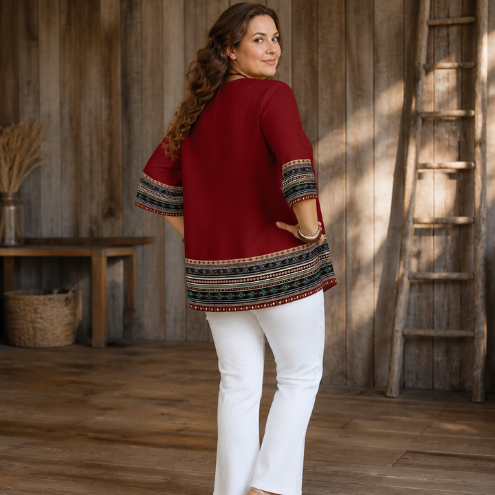Vivelyn – Contrast Trim Button-Front V-Neck Top