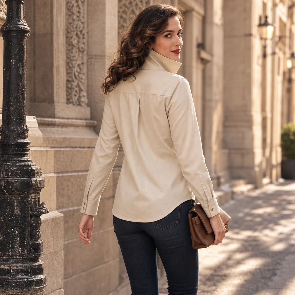 Veloura – Gold-Button Suede-Look Stretch Blouse