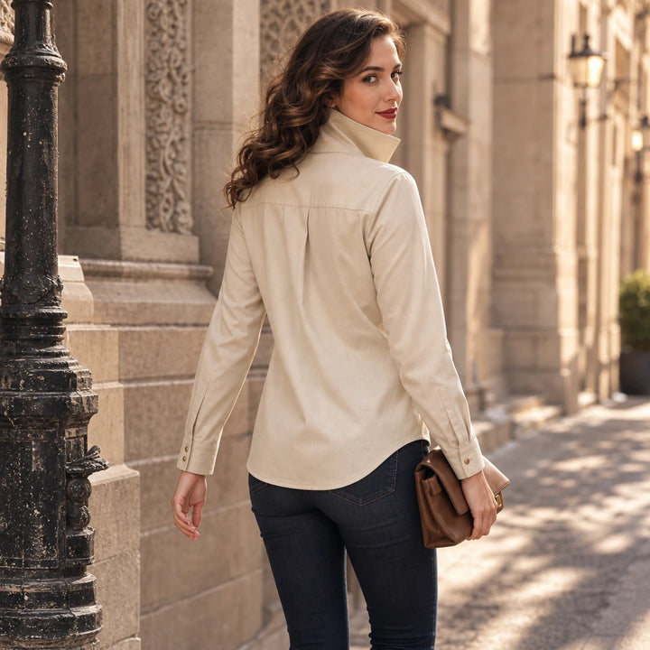 Veloura – Gold-Button Suede-Look Stretch Blouse