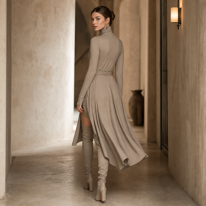 Vellara – Turtleneck Wrap Slit Knit Midi Dress