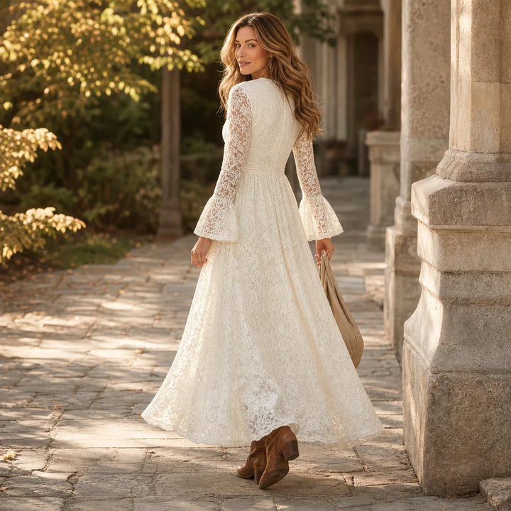 Florenza – Scalloped V-Neck Ruched Waist Lace Maxi Dress