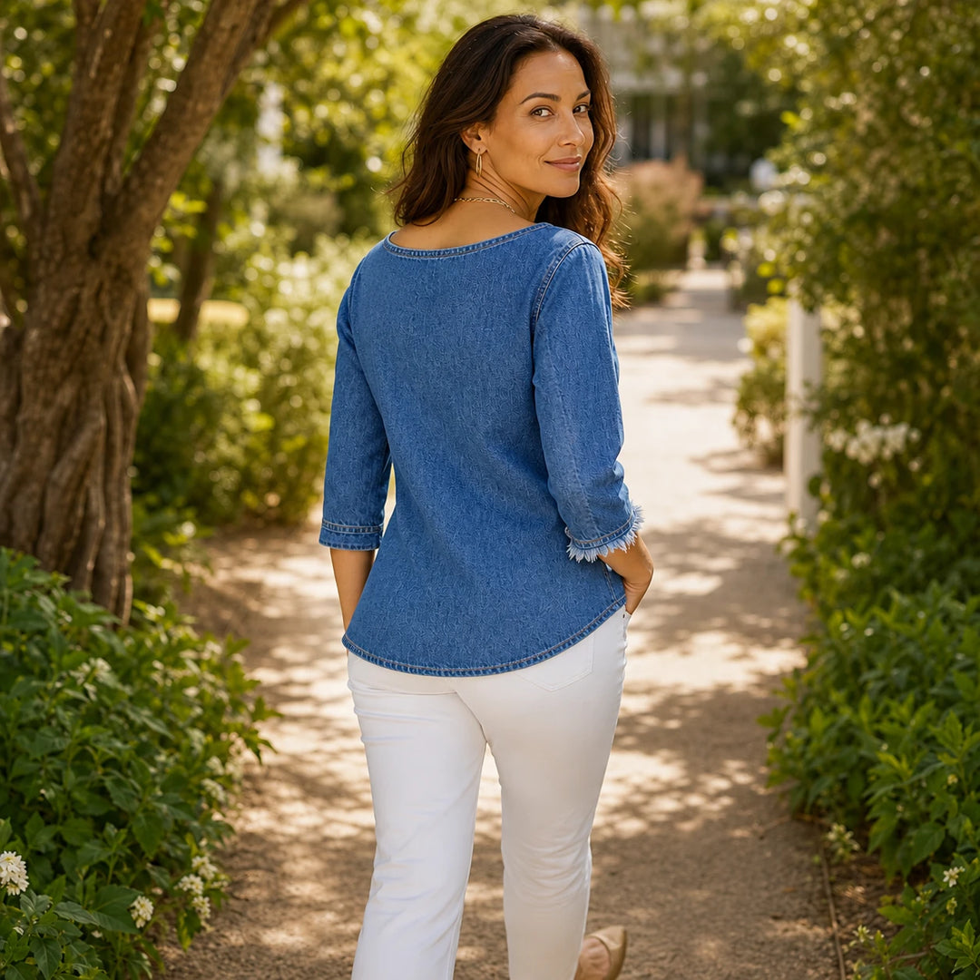 Slantelle – Asymmetrical Buttoned Raw-Edge Denim Blouse
