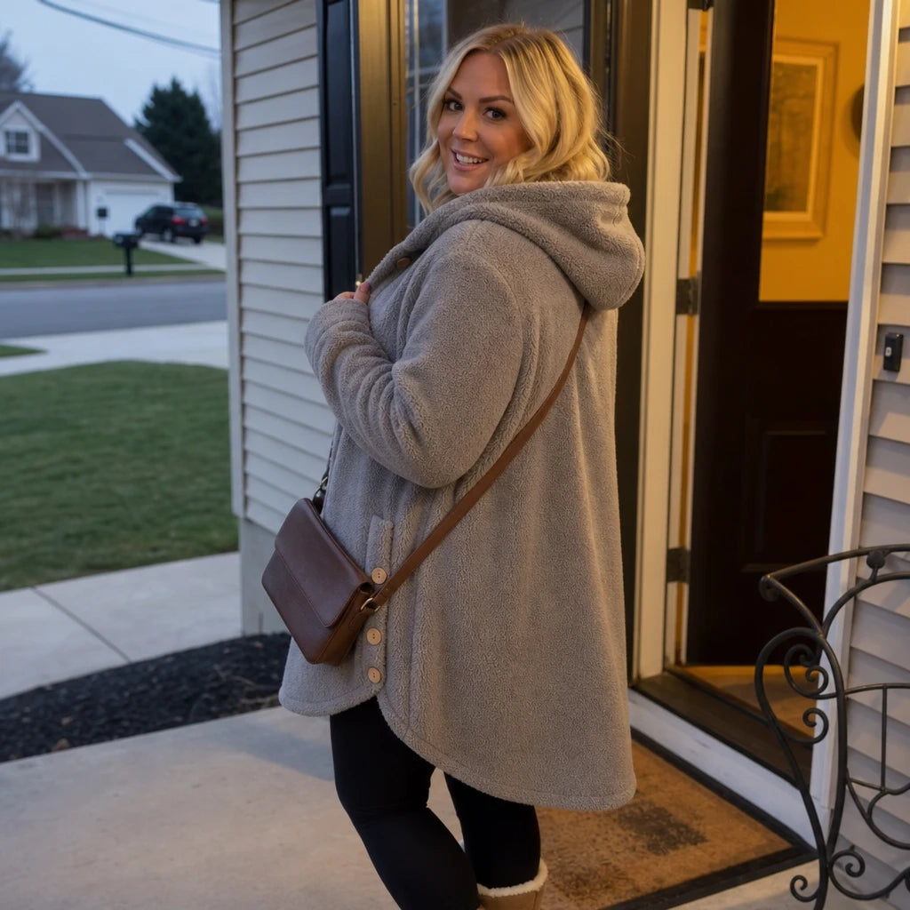 Cozy Button – Asymmetrical Hem Hooded Fleece Coat