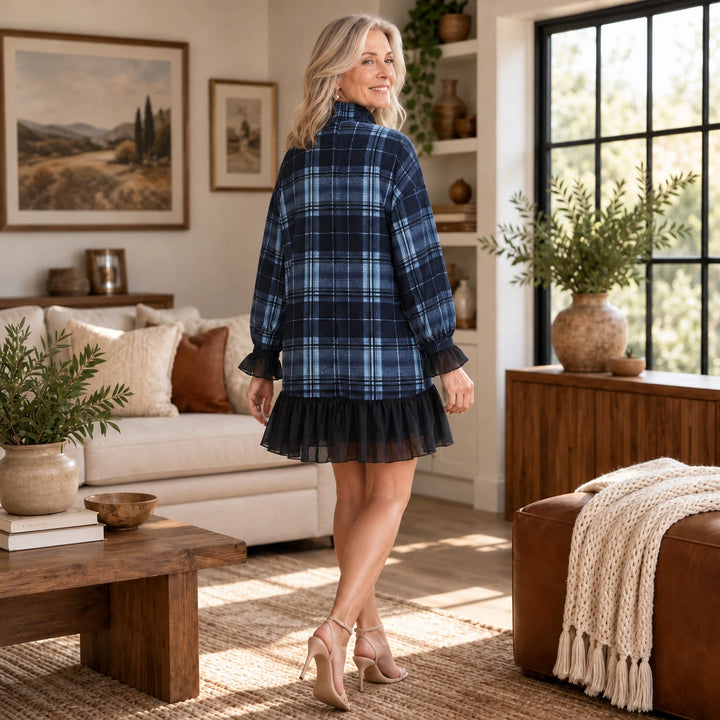 Plaidelle – Plaid A-Line Mini Dress With Mesh Ruffles