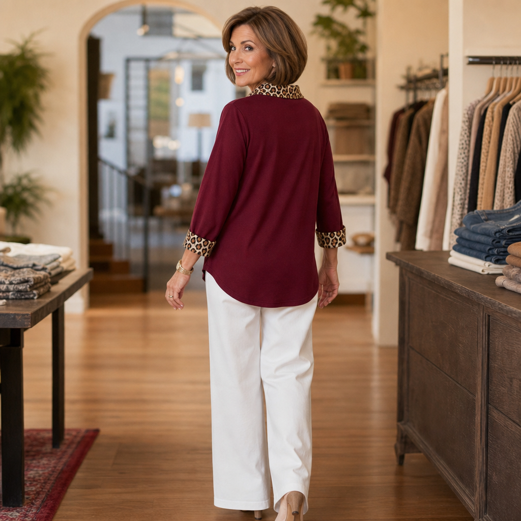 Wearlynn – Leopard-Trim Long Sleeve Tunic Top