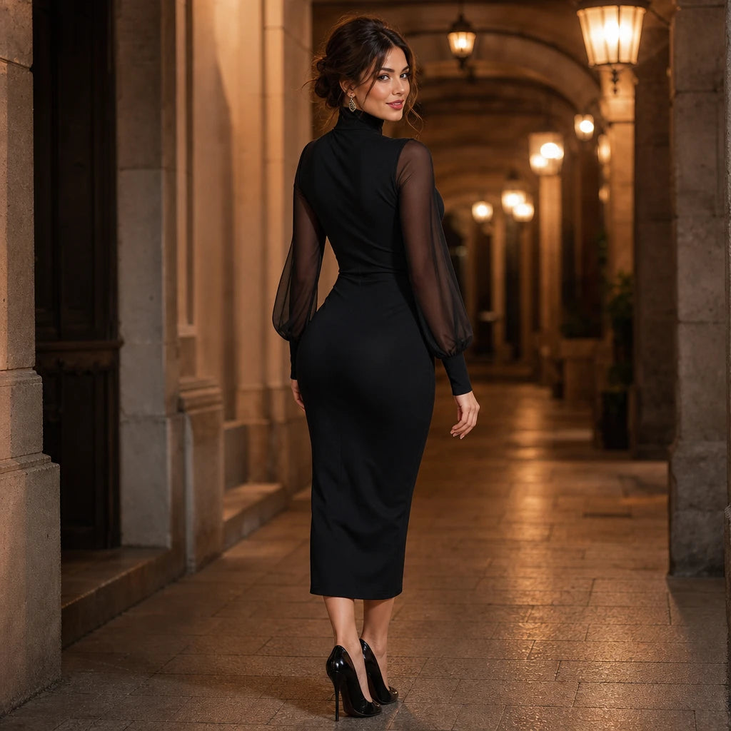 Veloura – Mock Neck Sheer-Sleeve Bodycon Midi Dress