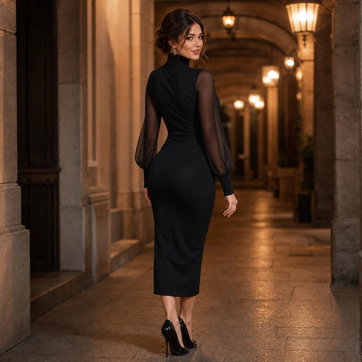 Veloura – Mock Neck Sheer-Sleeve Bodycon Midi Dress