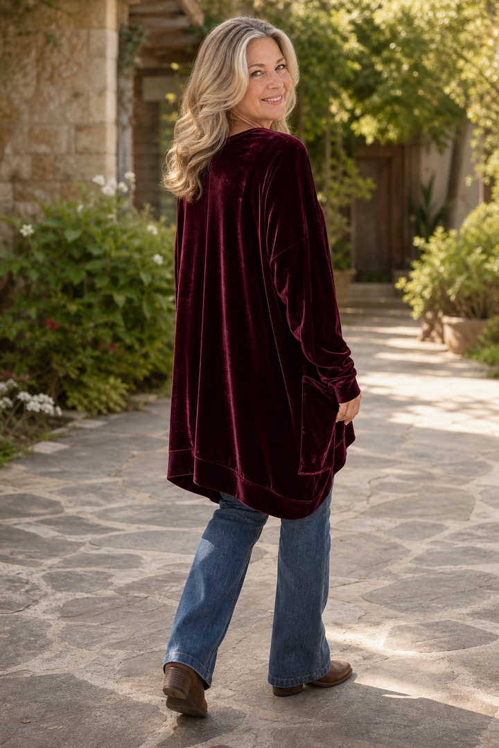 Velveau – Oversized Pocketed V-Neck Velvet Tunic