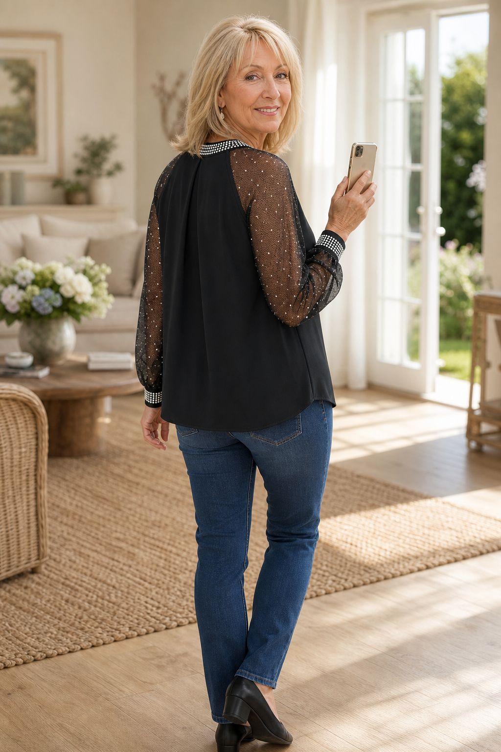 Wearbella – Sequin-Trim Sheer-Sleeve Pleated Blouse