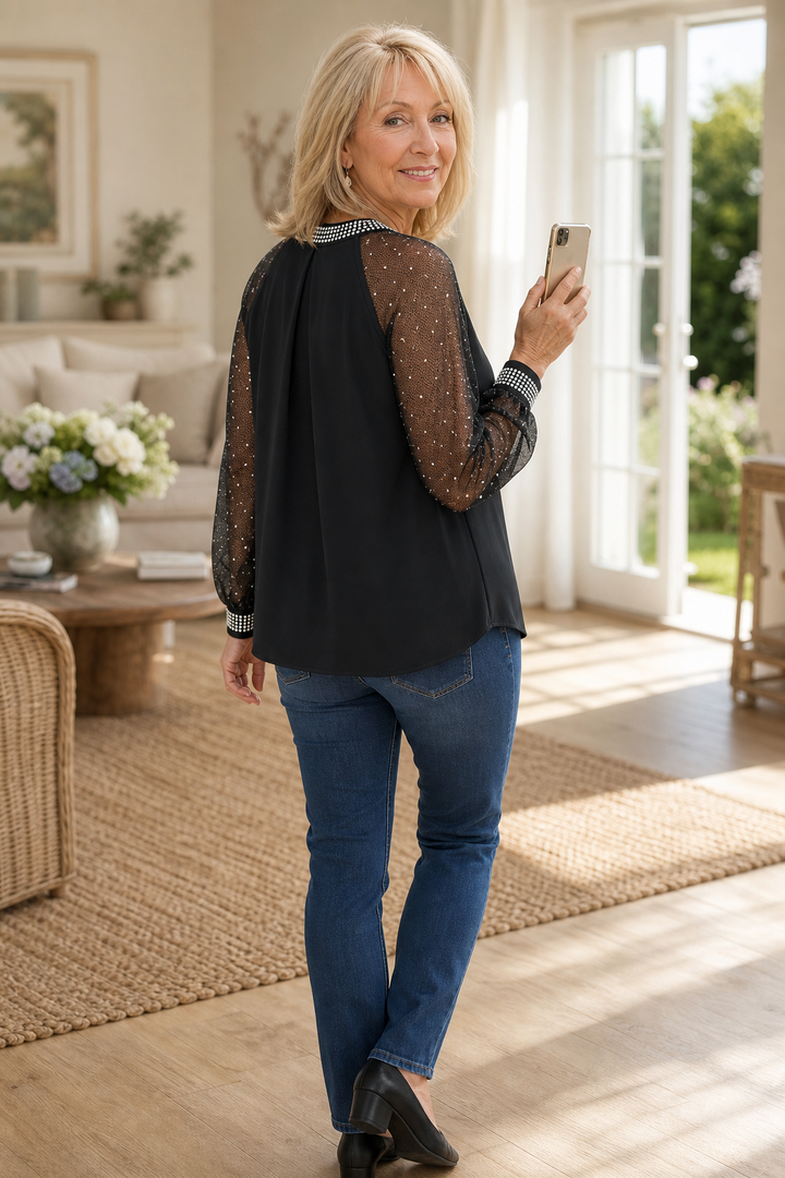 Wearbella – Sequin-Trim Sheer-Sleeve Pleated Blouse