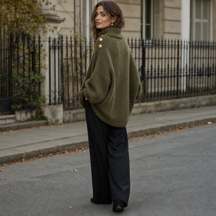 Aurelle – Gold Button Shoulder Knit Turtleneck Sweater