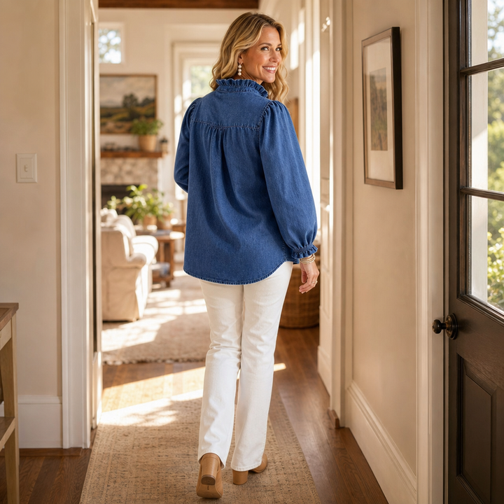 Ruffelle – Ruffle Collar Puff Sleeve Denim-Look Blouse