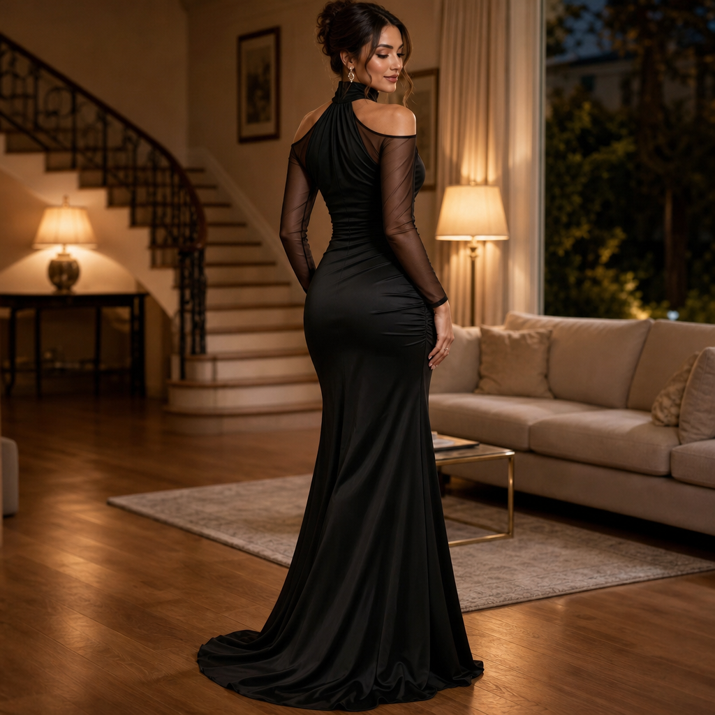 Elara – Cold-Shoulder Ruched Mermaid Evening Gown