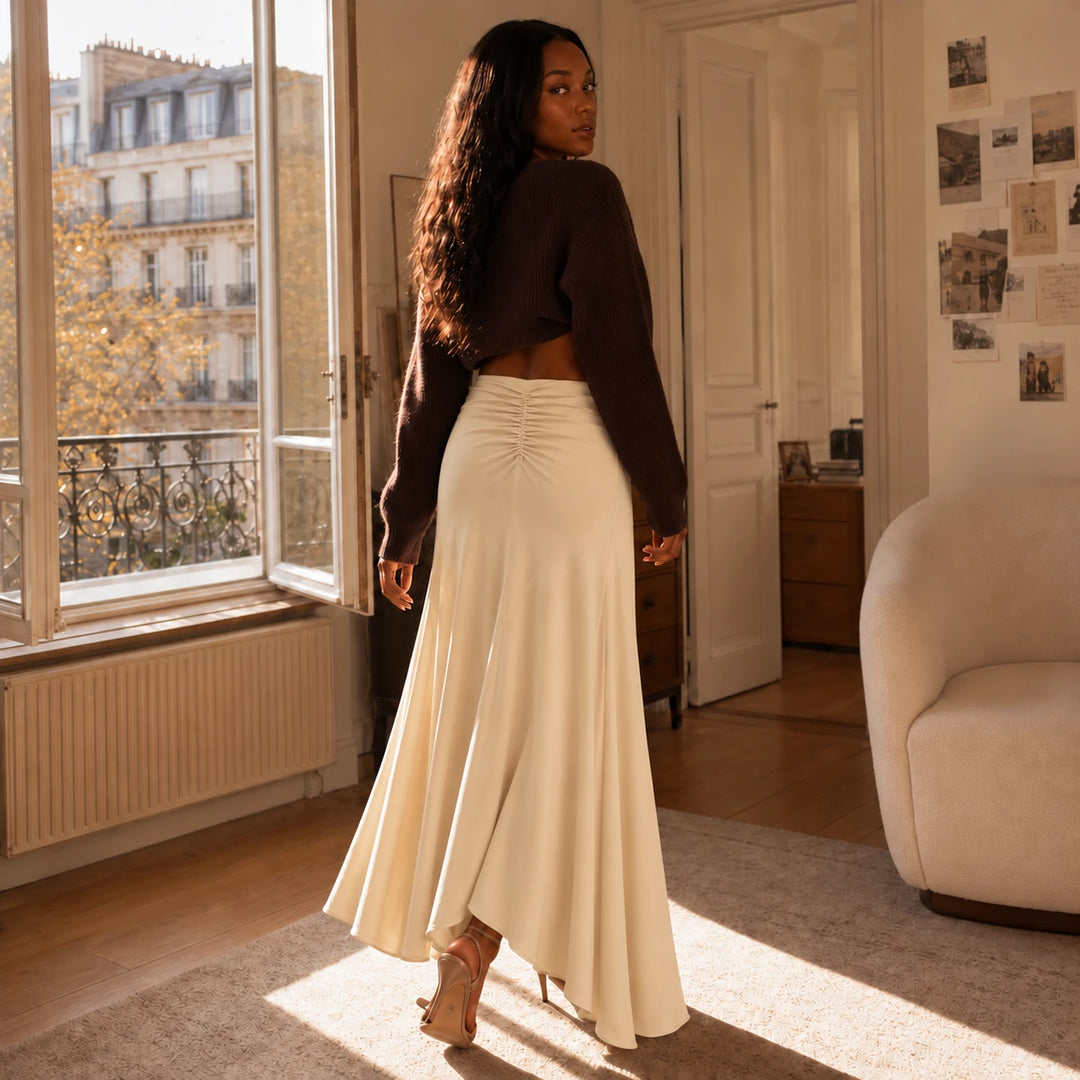 Avelisse – O-Ring Tie Asymmetric Fishtail Midi Skirt