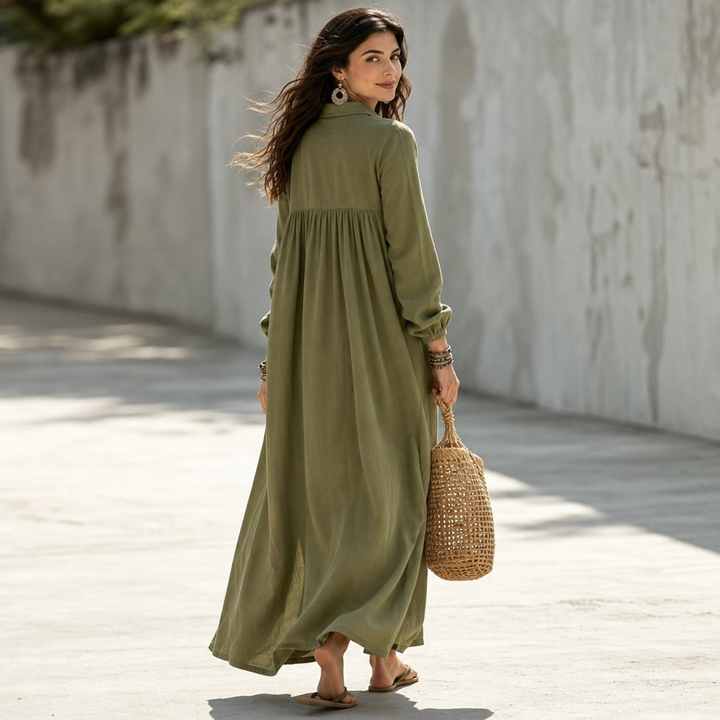 Linora – Button-Through Linen-Blend Maxi Shirt Dress