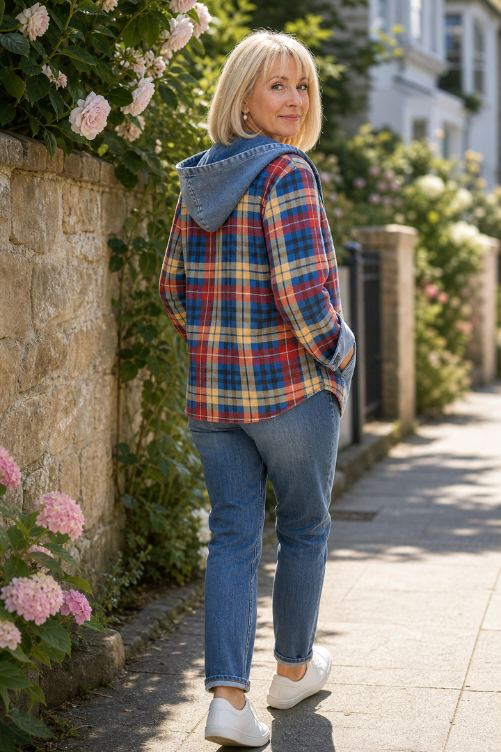 [BrandName] – Denim-Trim Hooded Knit Cardigan