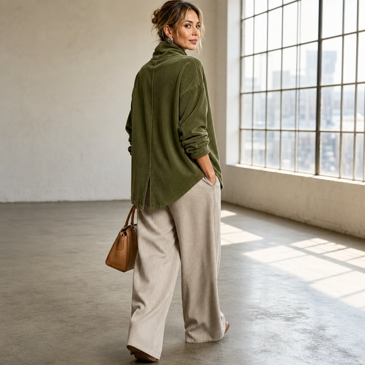 Foldover – Asymmetric Placket Funnel Neck Corduroy Top
