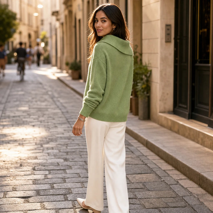 Foldelle – Asymmetrical Ribbed Collar Button Sweater