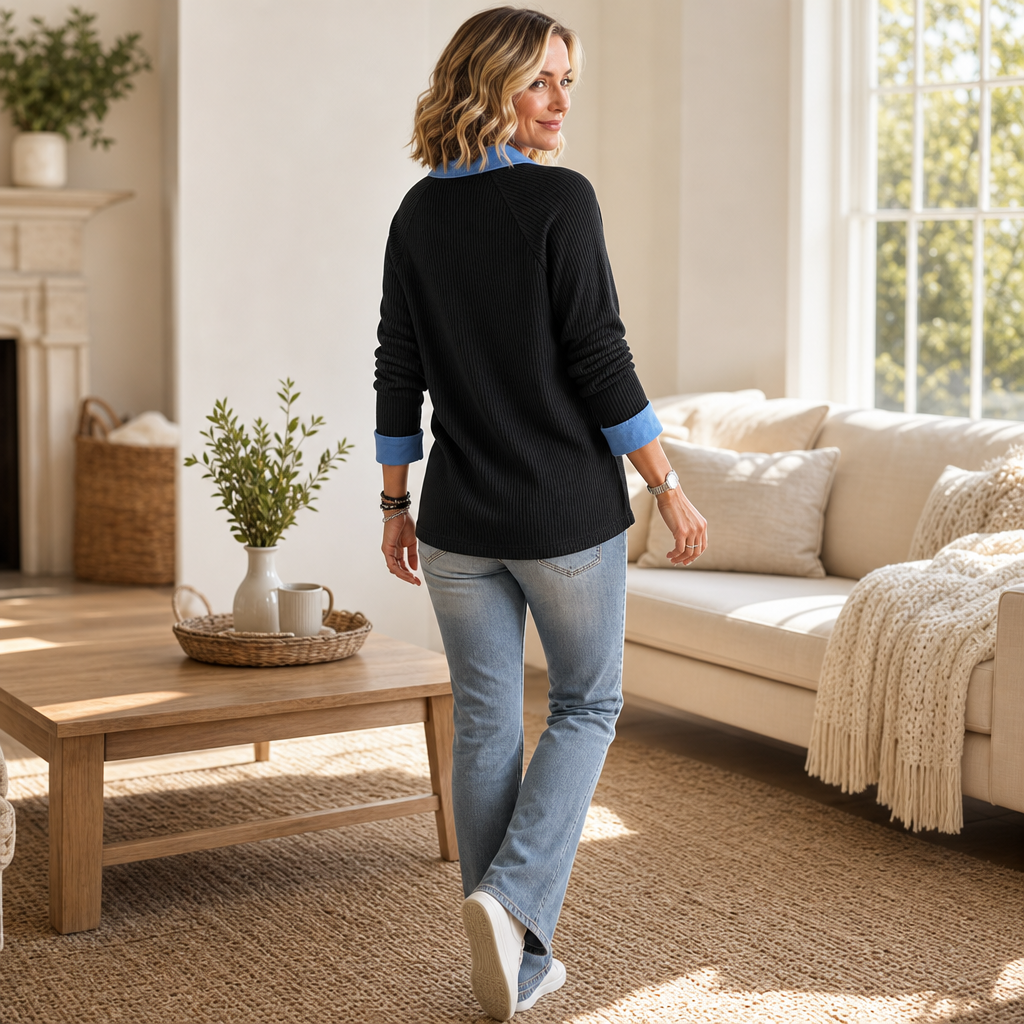 Denimelle – Denim-Trim V-Neck Knit Top