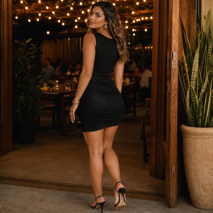 Vivia – Deep V-Neck Ruched Mini Dress