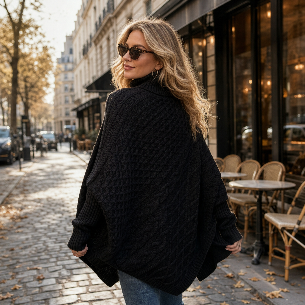 Cabelune – Cable-Knit Asymmetric Poncho Sweater