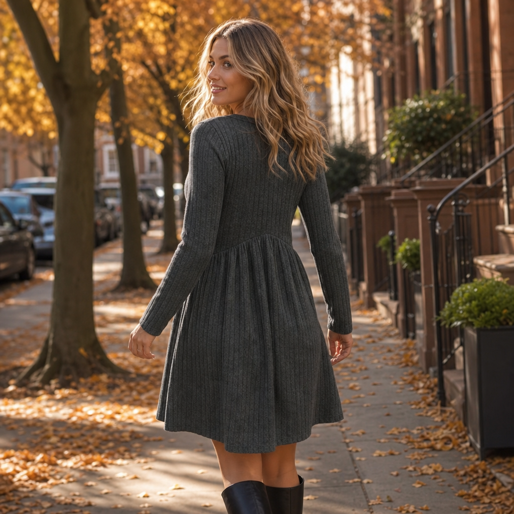 Ribwell – High-Waist Ribbed Knit A-Line Midi Dress