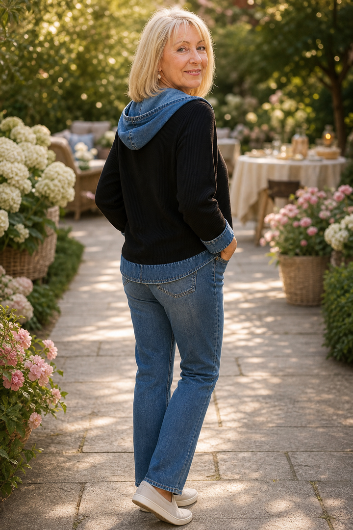 Layerlore – Denim-Look Patchwork Hooded Cardigan