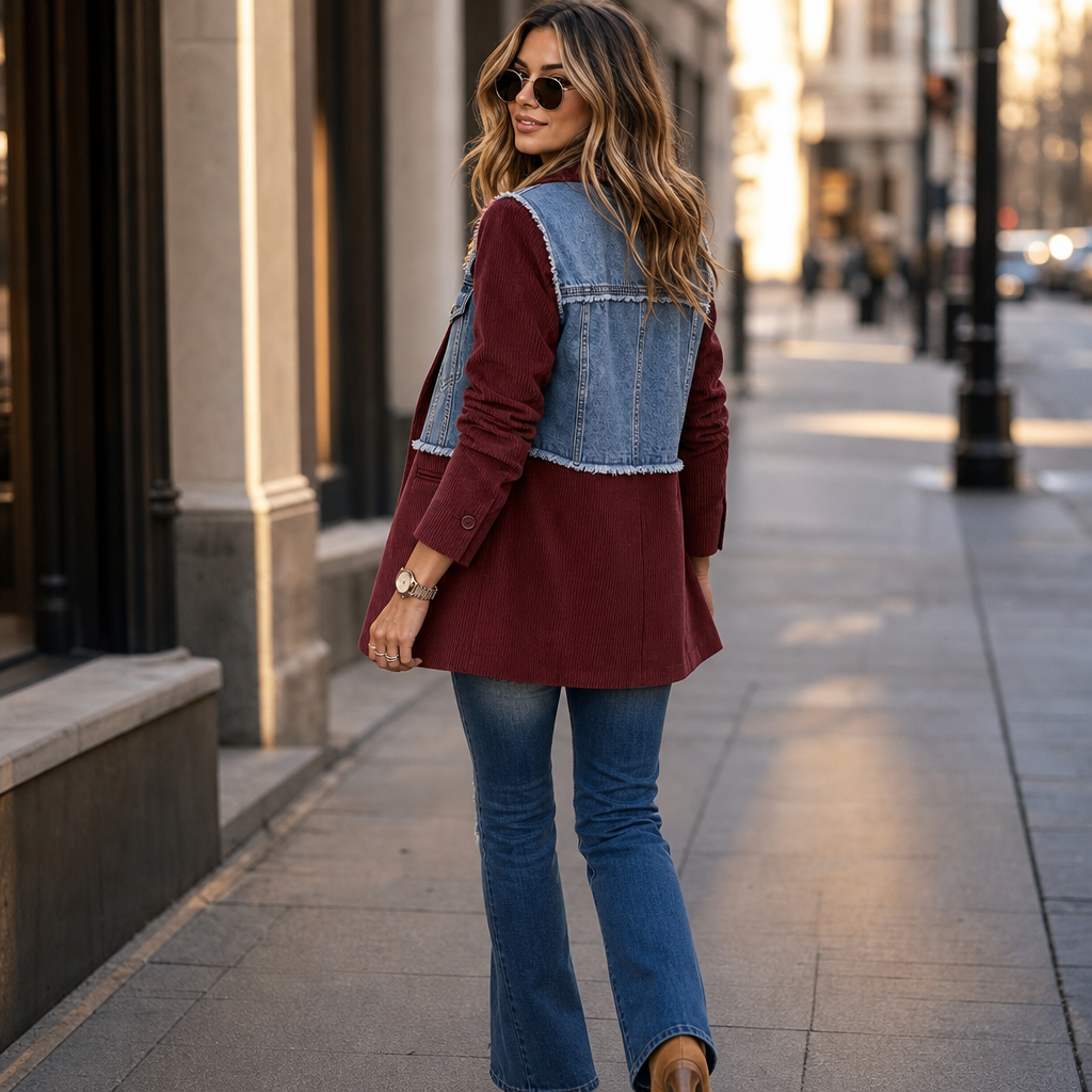 Corvella – Denim-Overlay Corduroy Raw-Hem Blazer