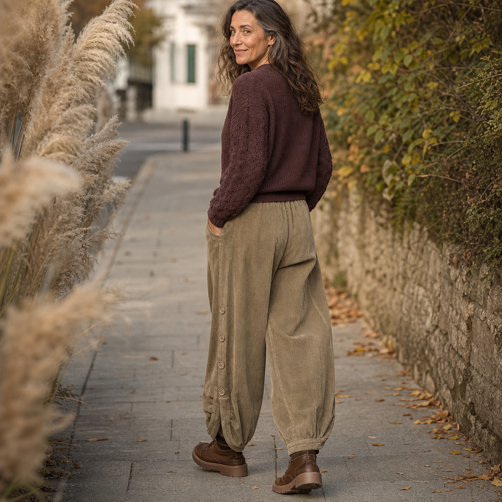 Cozelle – Side-Button Barrel Leg Corduroy Pants