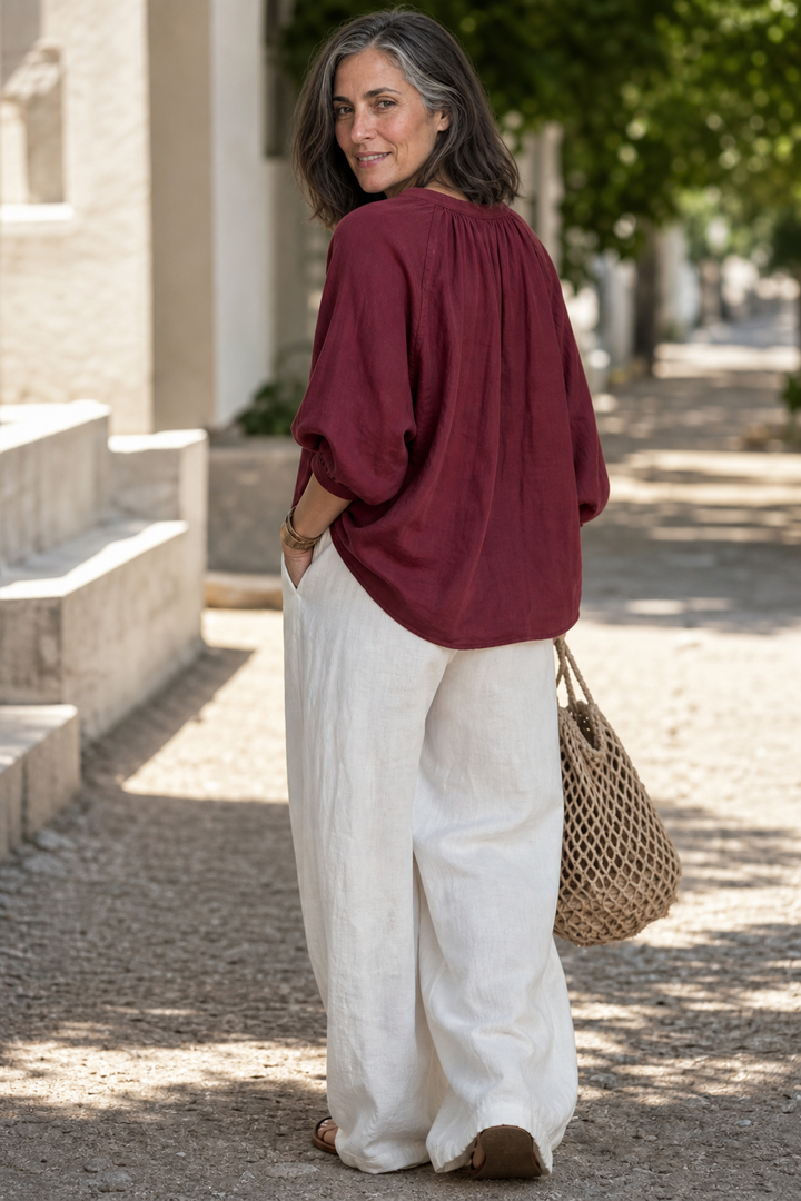 Amselle – Ruched Collar Blouse And Wide Leg Pants Set