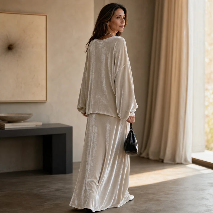 Veloura – Relaxed Velvet Top And Flared Maxi Skirt Set