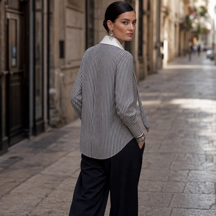 Overa – Black And White Striped Tie-Neck Blouse