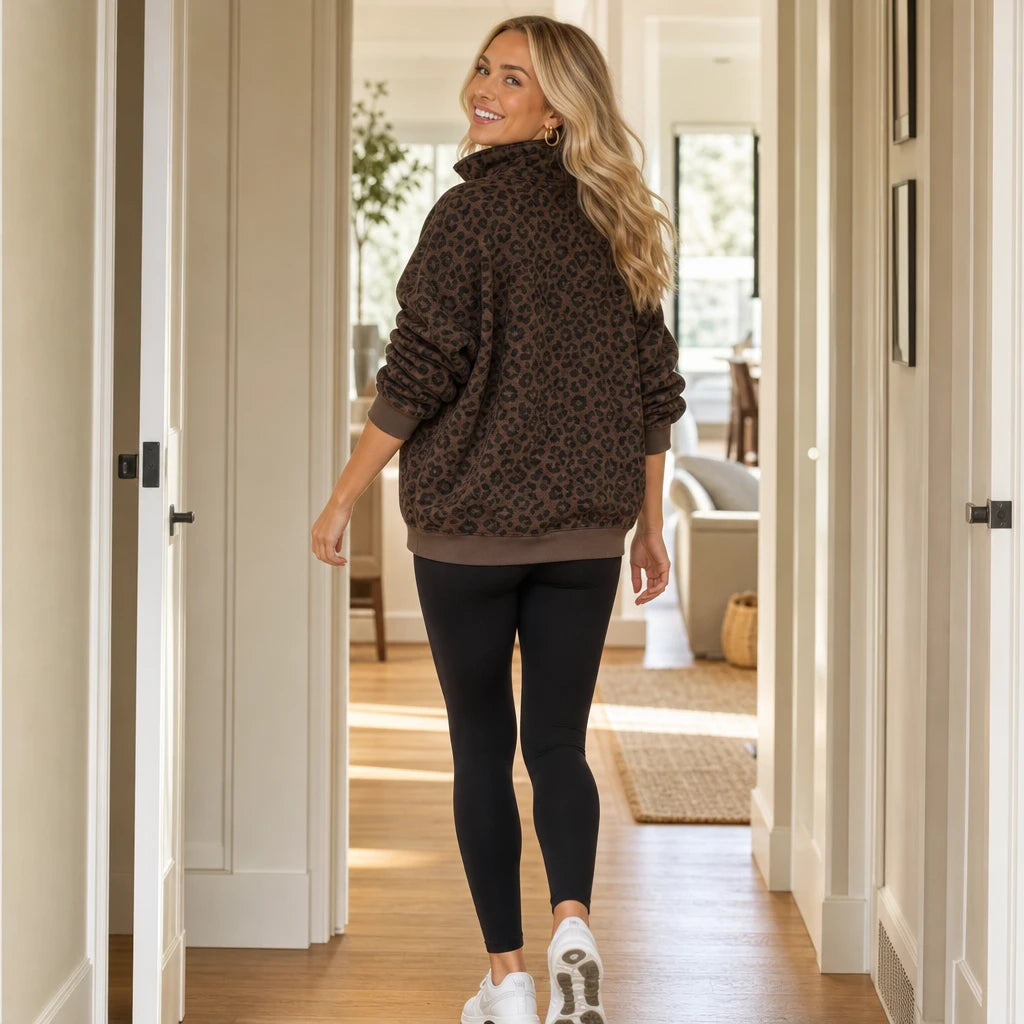 Roamprint – Leopard Print Oversized Quarter-Zip Sweatshirt