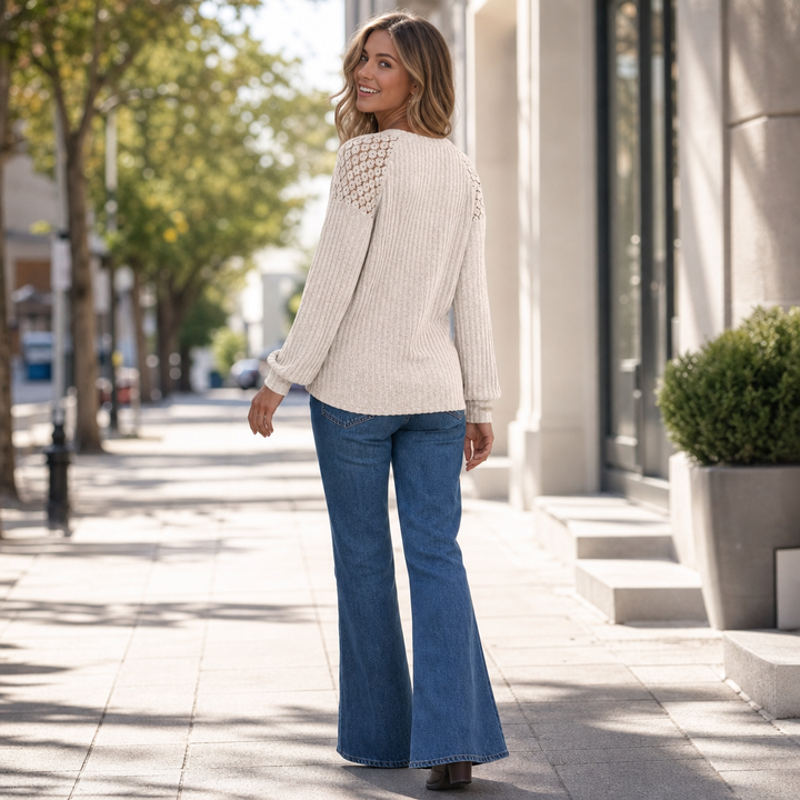 Lumaelle – Lace-Shoulder Ribbed Long-Sleeve Top